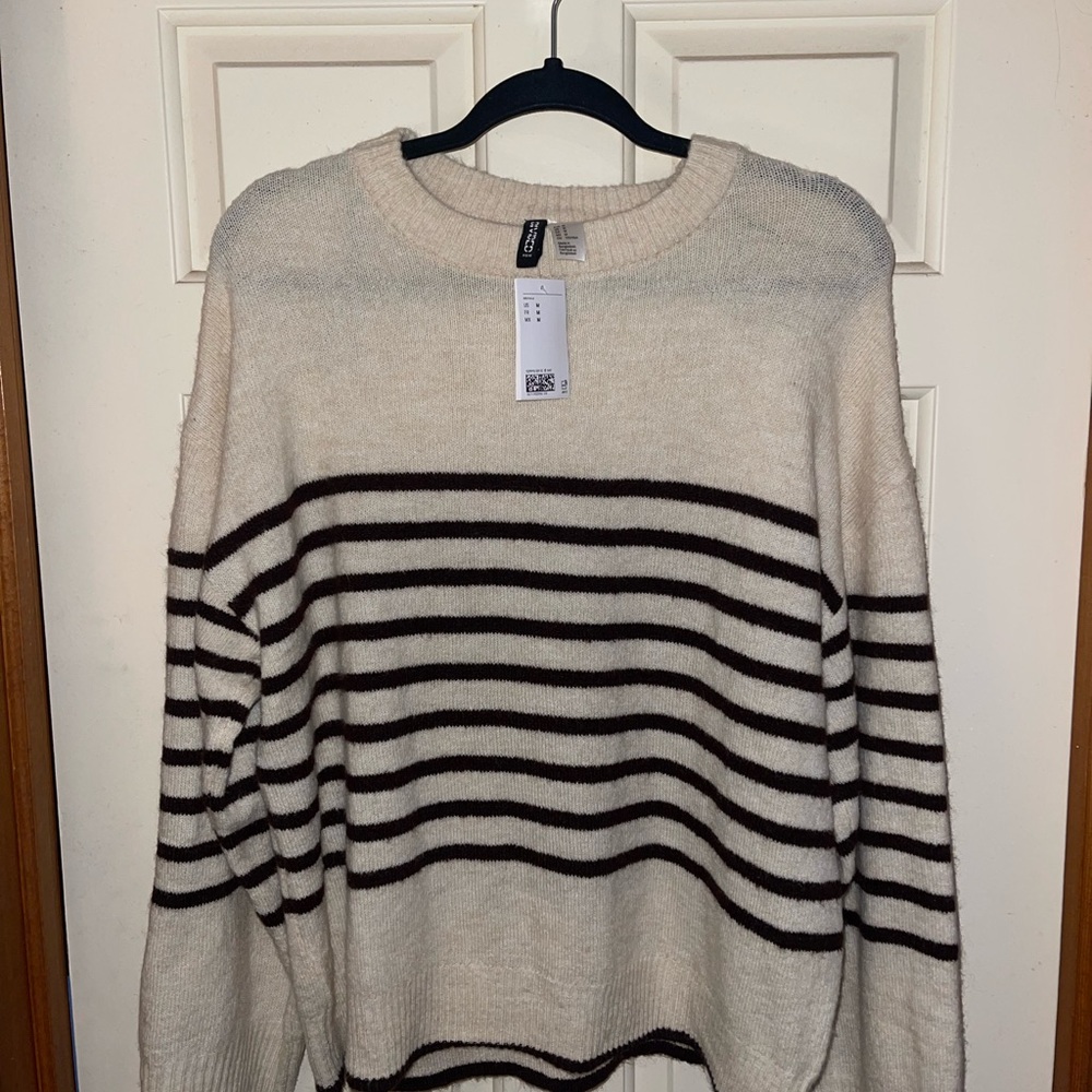 H&M Cream and Brown Crewneck Sweater with Striped Design